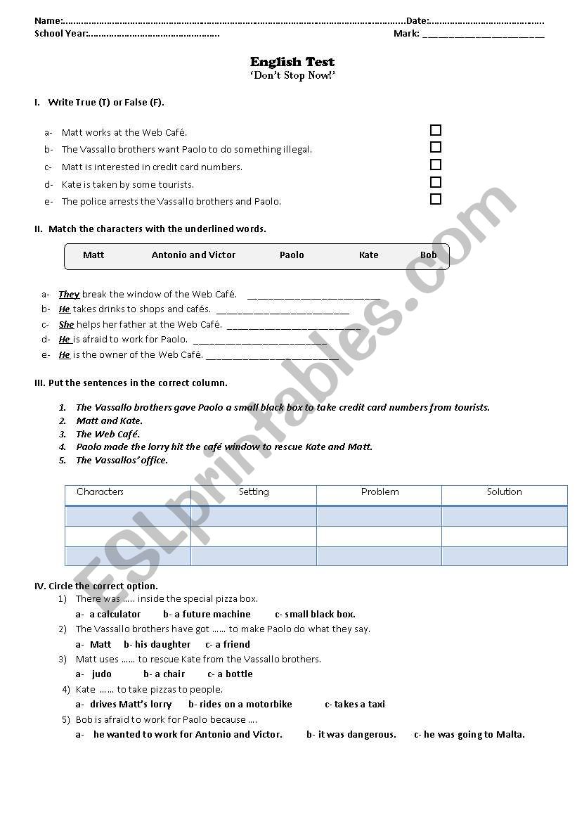 Dont Stop Now! - reader worksheet