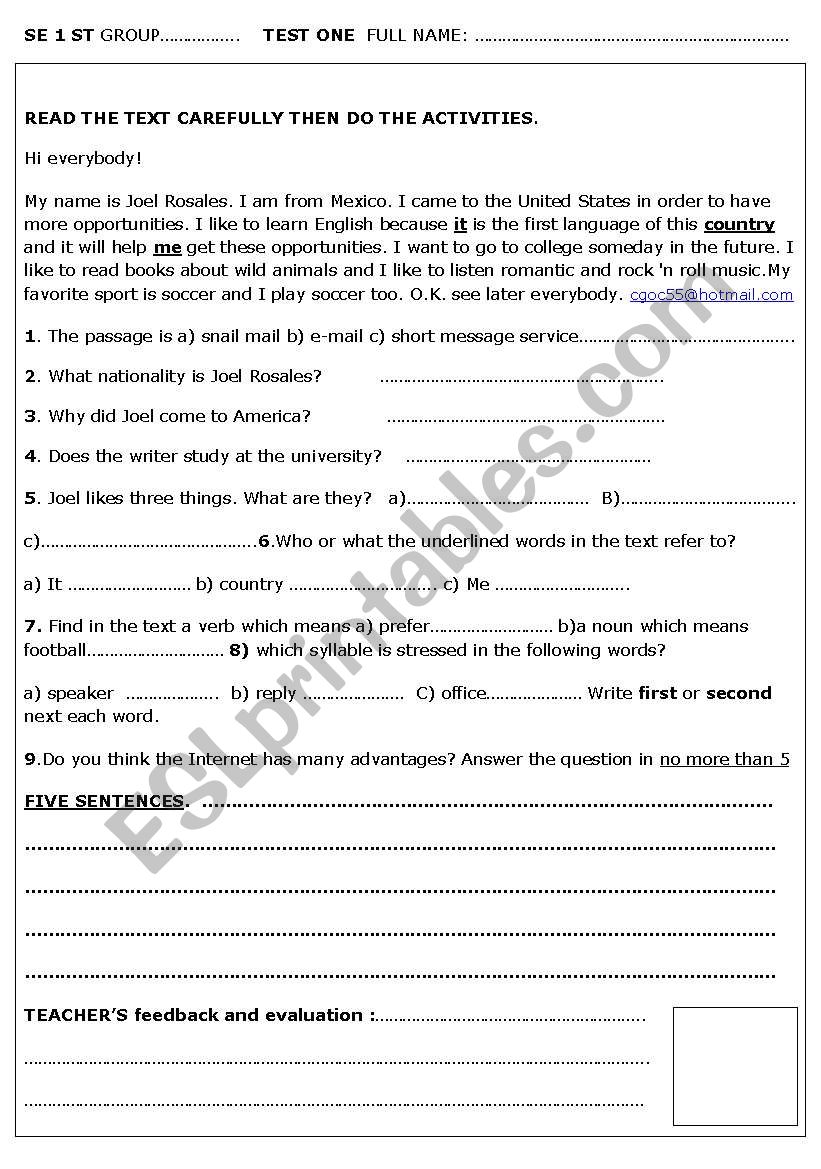 An E-mail Letter. worksheet