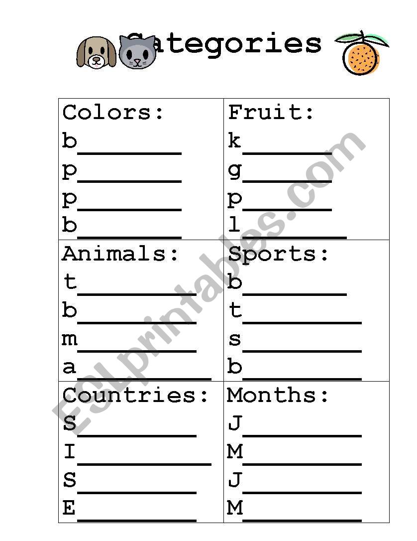 Category game worksheet