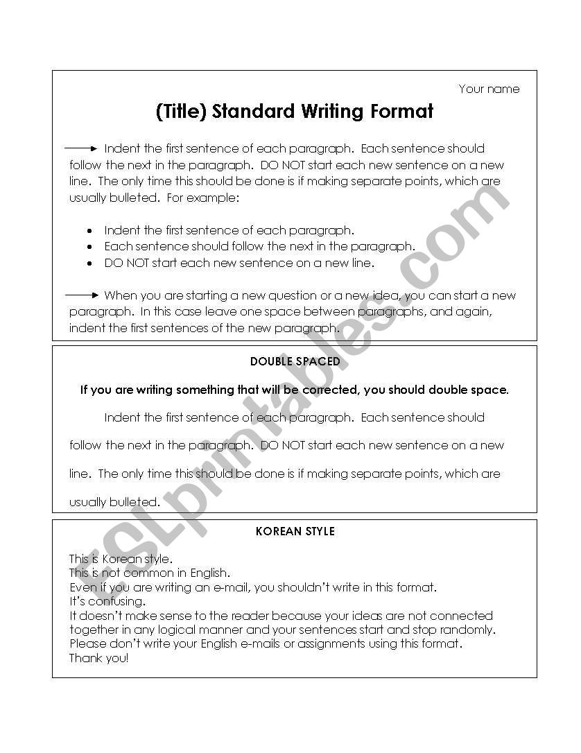 Standard Writing Format worksheet