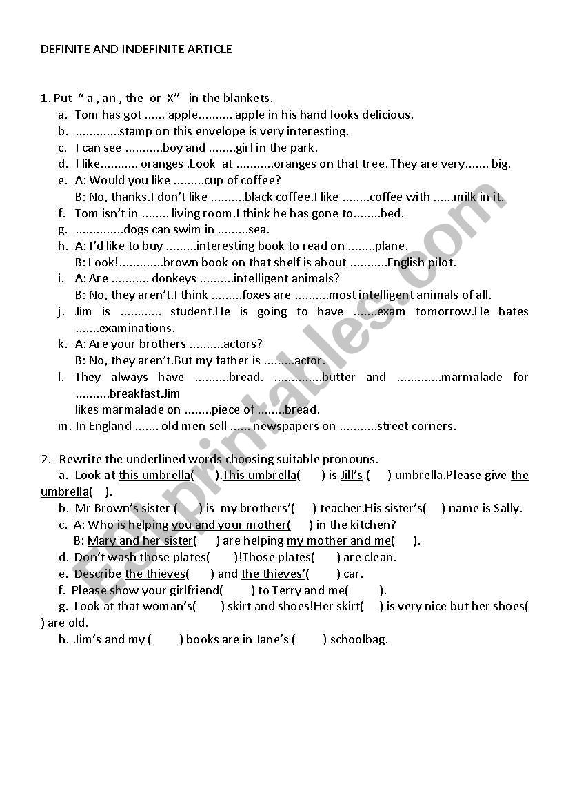 Articles worksheet