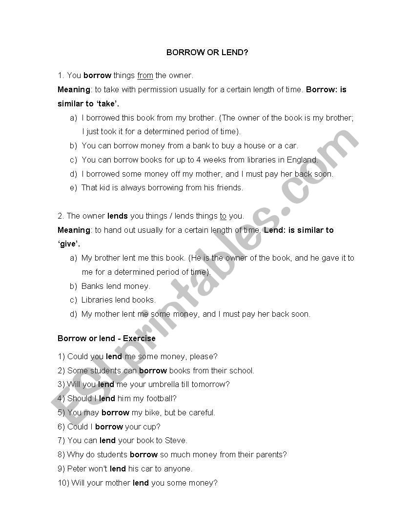 borrow or lend? worksheet