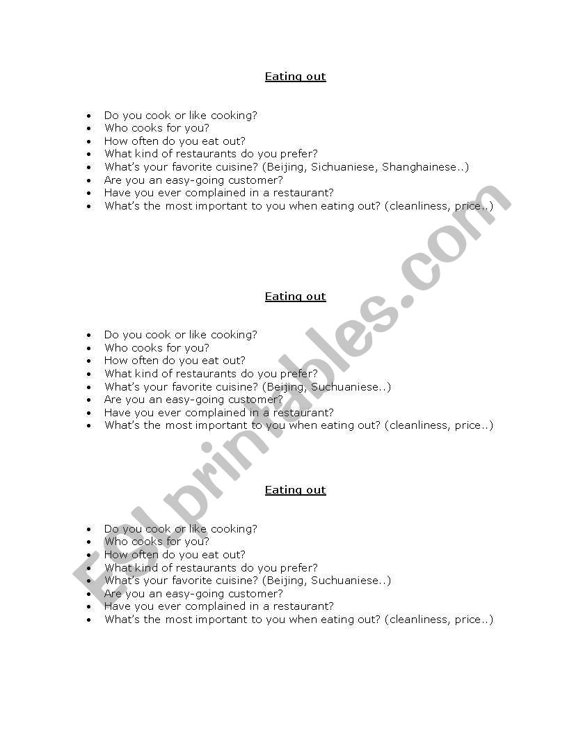eating out worksheet