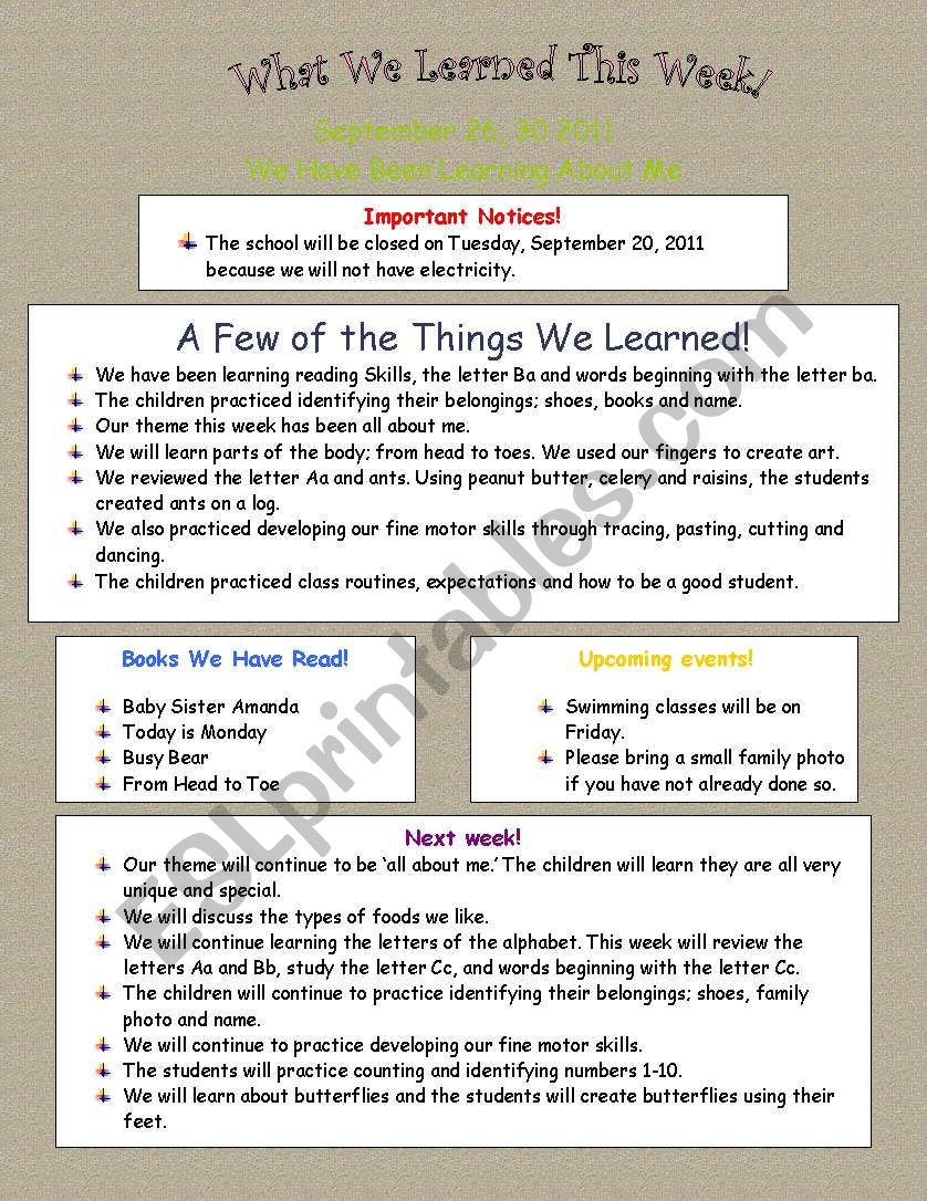 parents newsletter worksheet