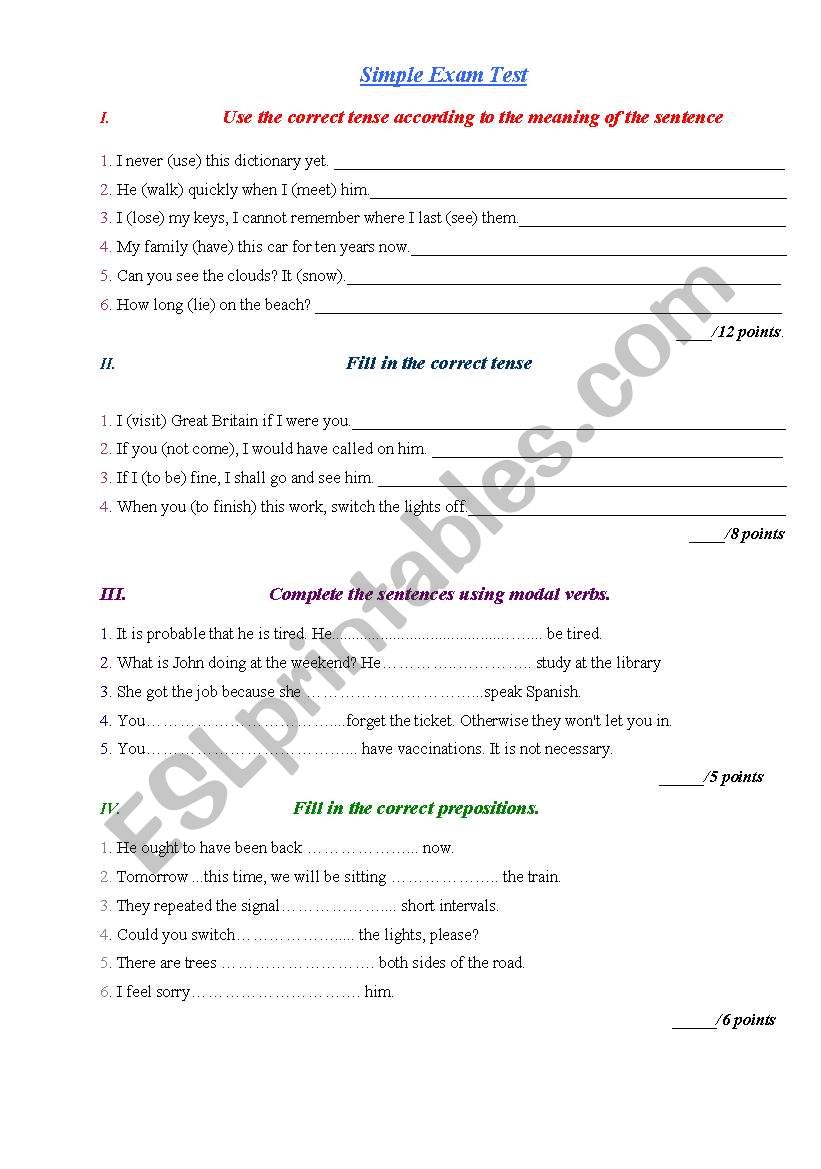 Simple Exam Test worksheet