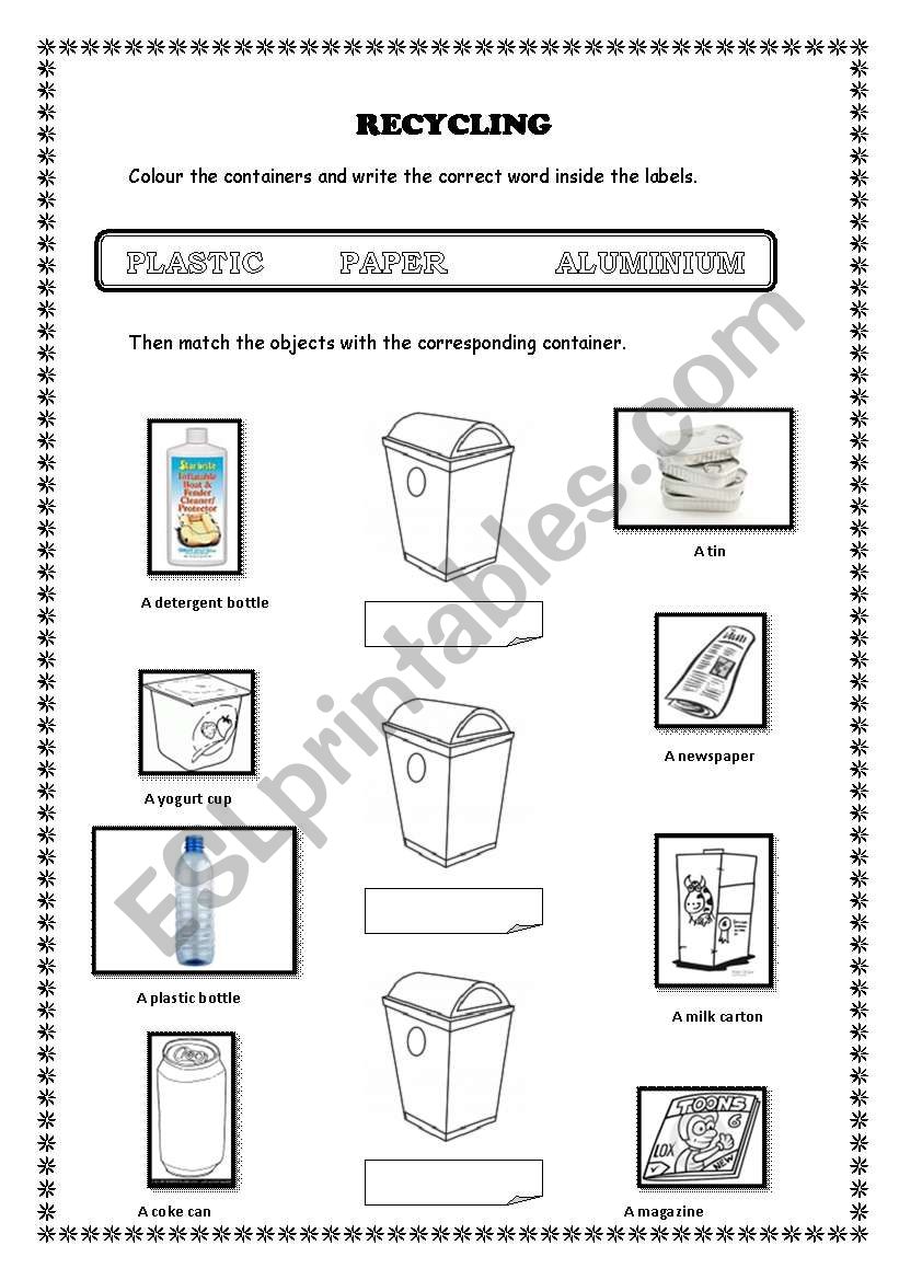 recycling esl worksheet by rosariogomez