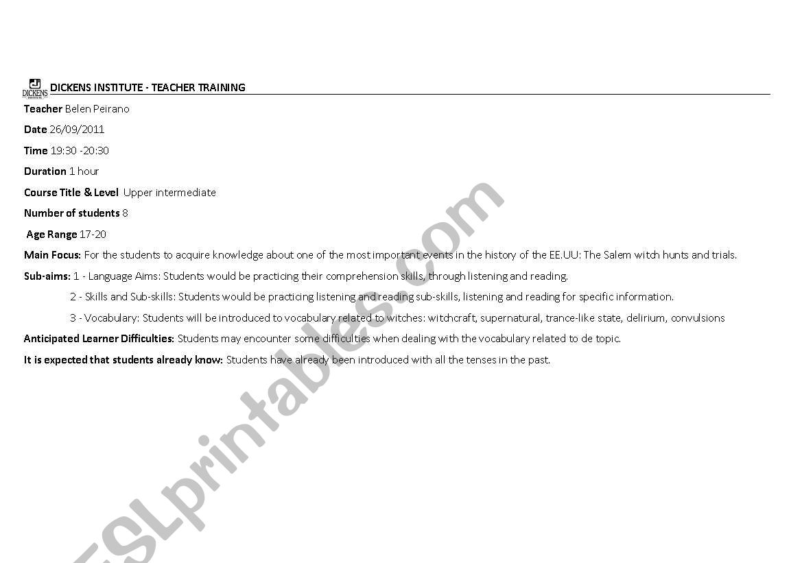 SALEM WITCH HUNTS worksheet