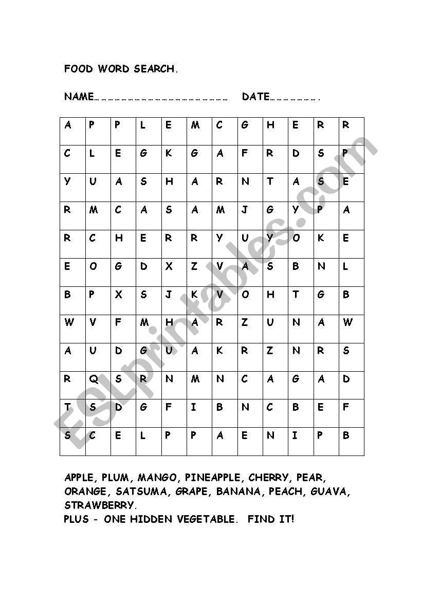 Food wordsearch -plus a hidden word.