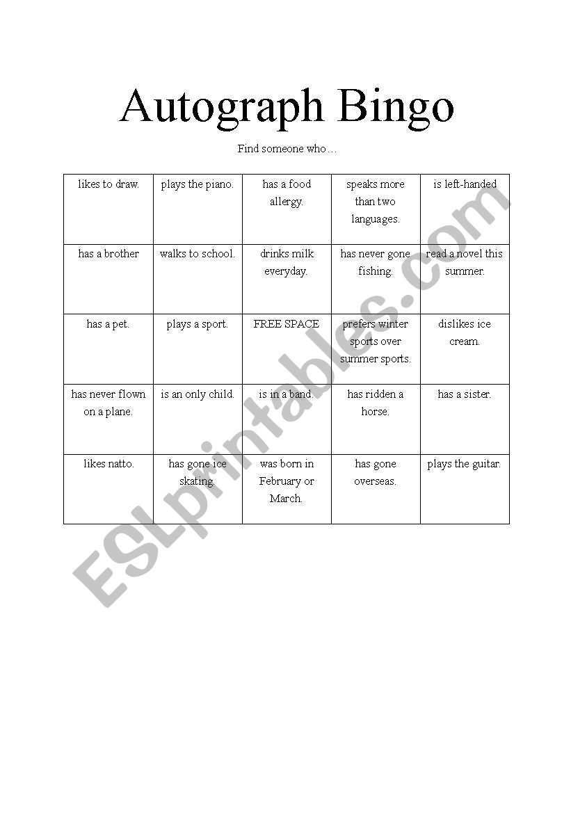 Autograph Bing worksheet