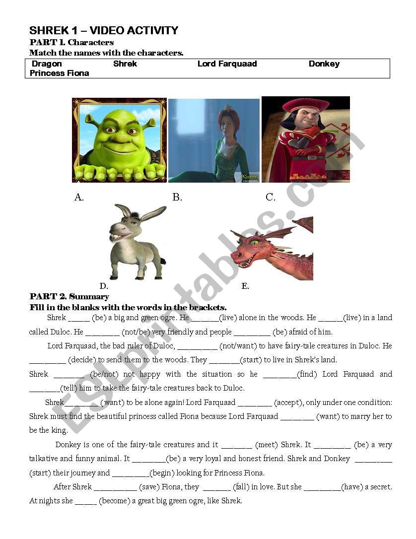 Shrek 1 - video activity  worksheet