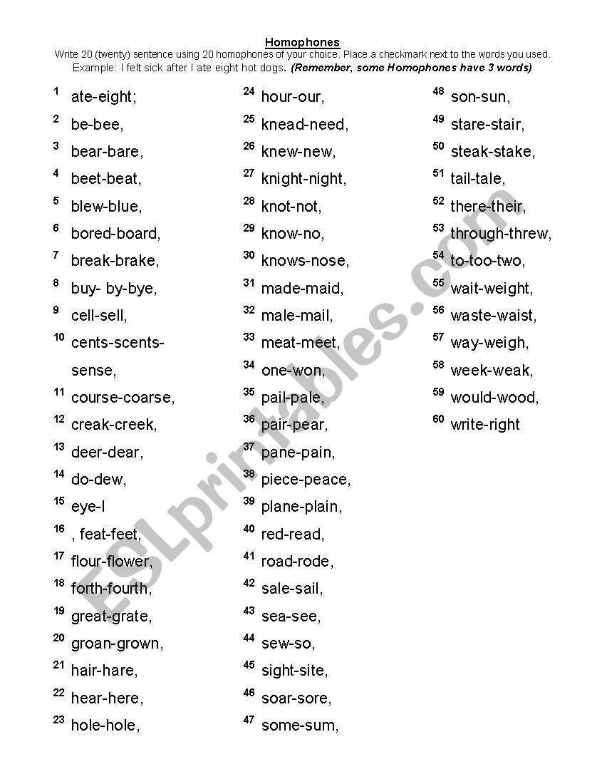 Homophone worksheet worksheet