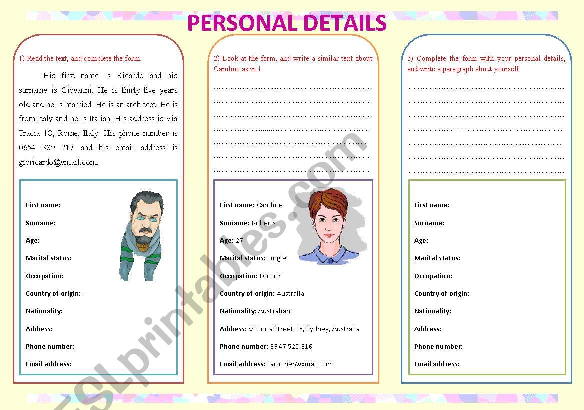 Personal Details worksheet