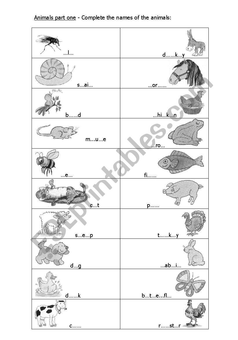 Animals fill in the gaps worksheet