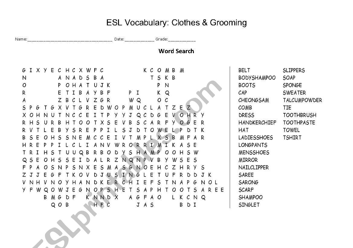 ESL Vocabulary: Wordsearch Clothes & Grooming