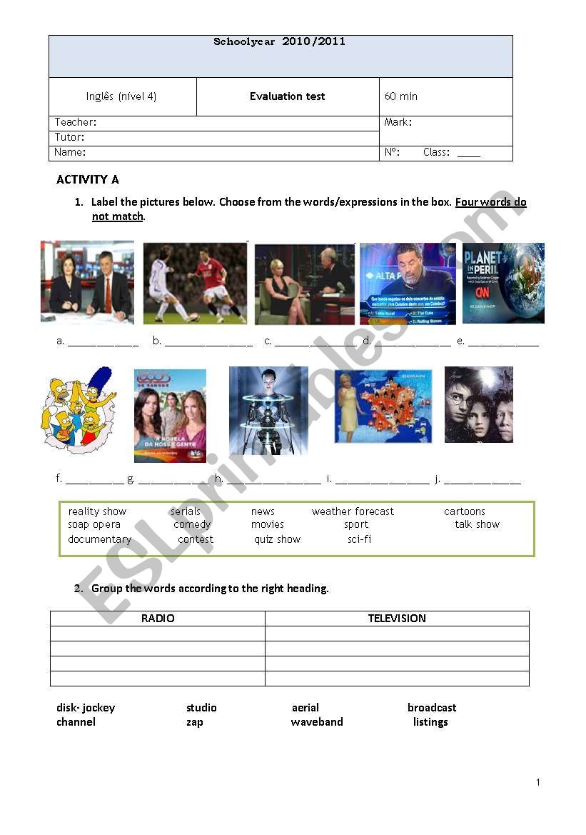 TV and Internet worksheet