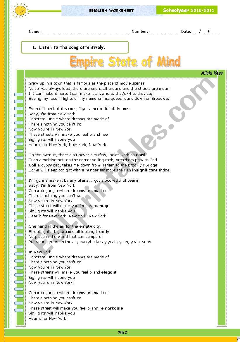 Empire State of Mind worksheet