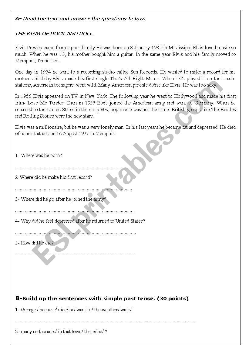 king of the rock and roll worksheet
