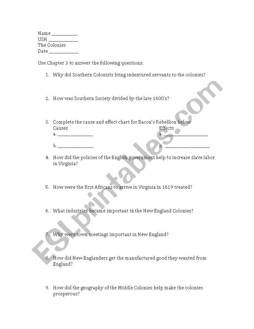 Colonial Economies worksheet