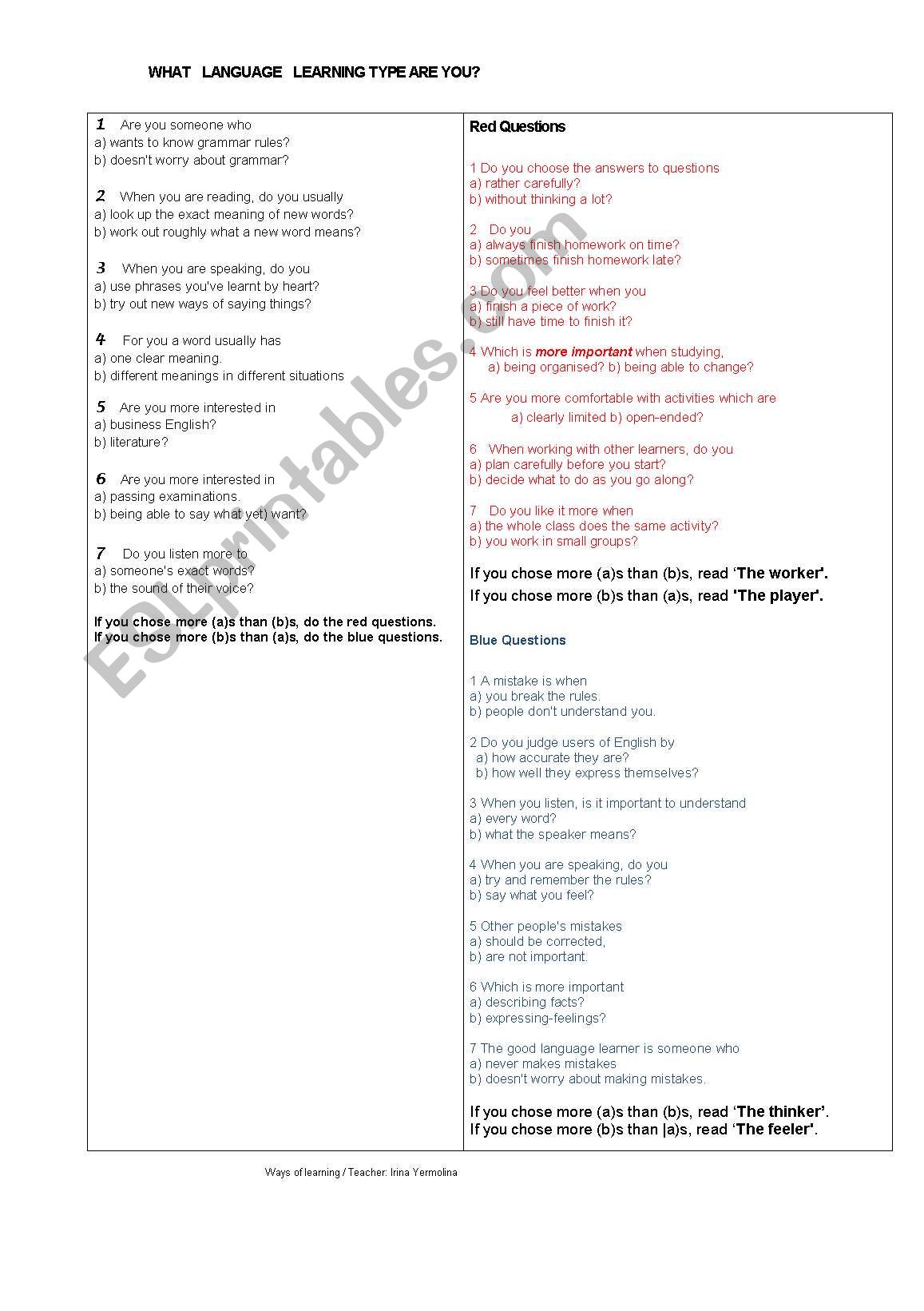 Define your Learners Type worksheet