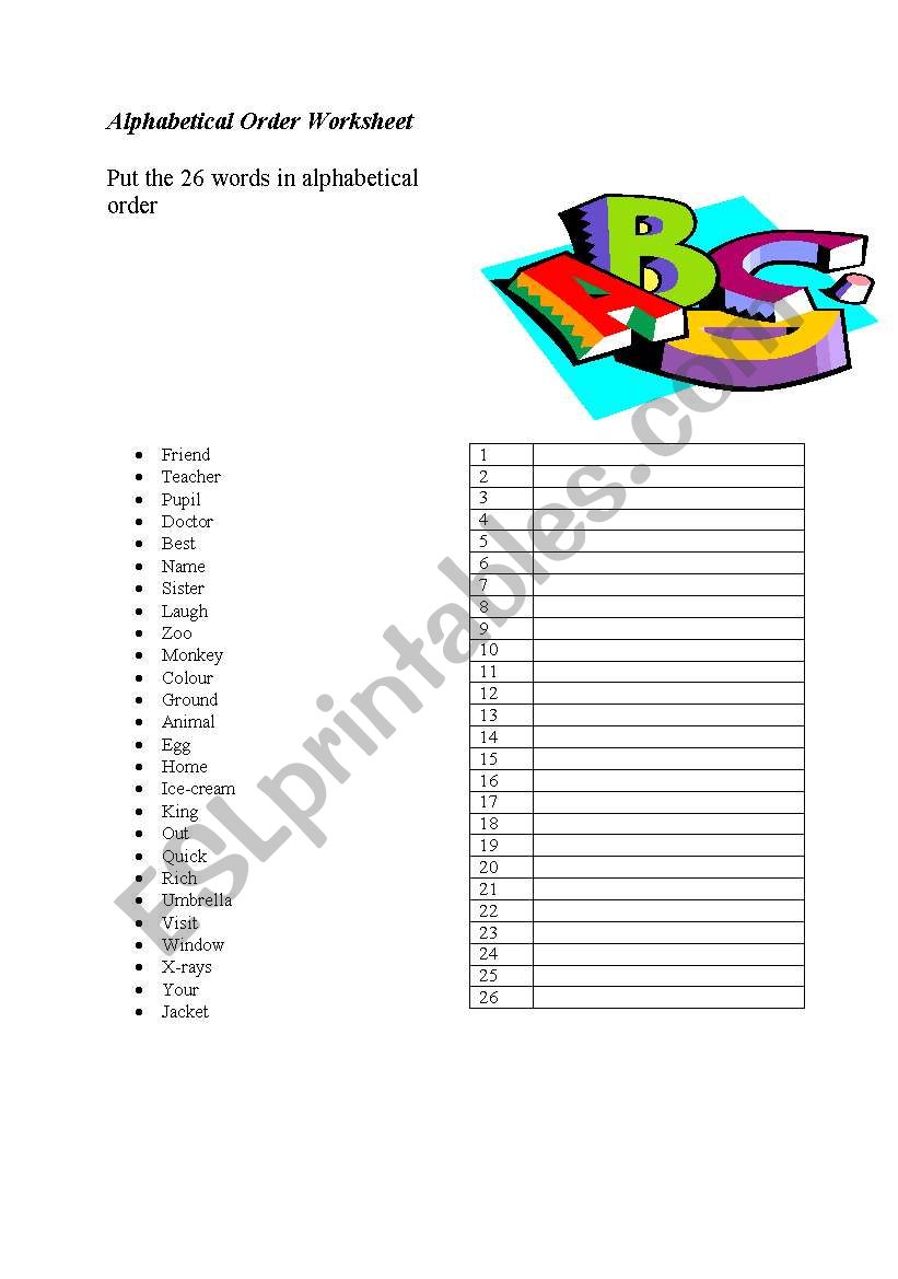 Alphabetical order worksheet