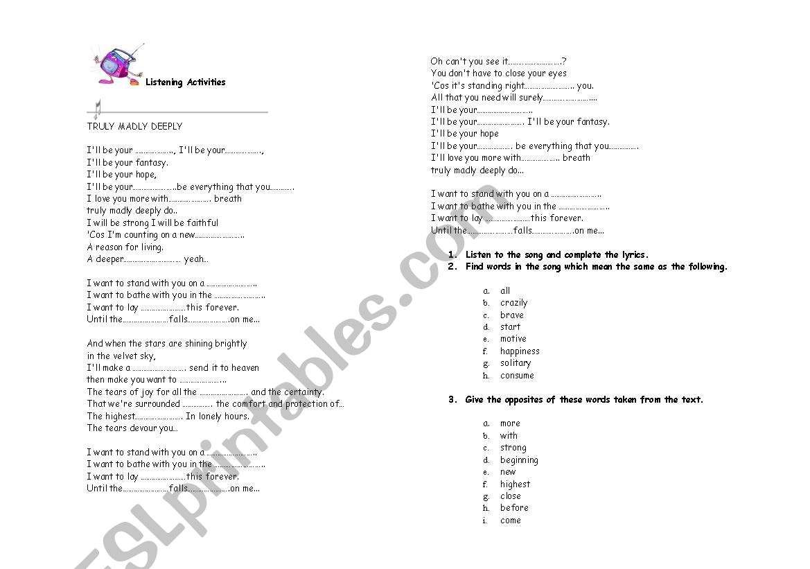 A song by Savage Garden worksheet