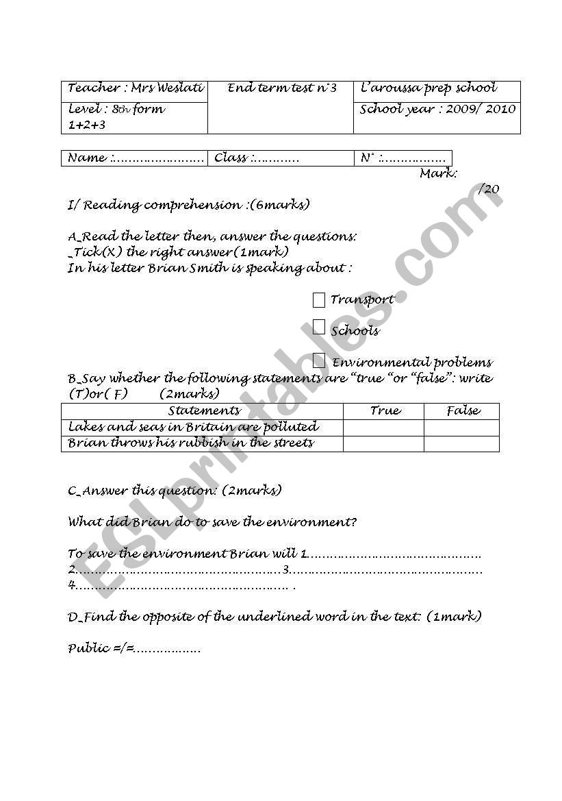 8th form mid term test worksheet