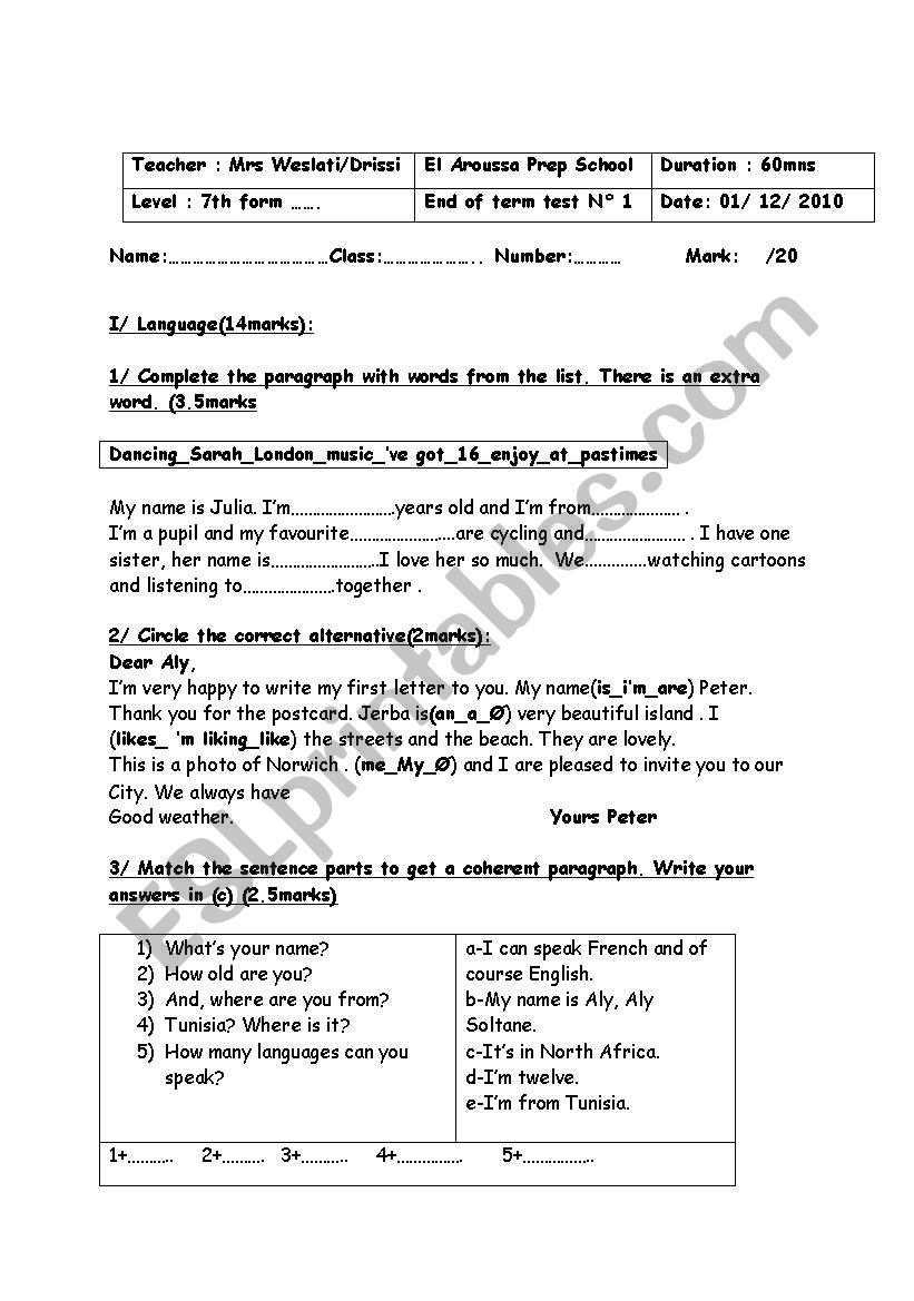 7th english test doc - ESL worksheet by dadofm