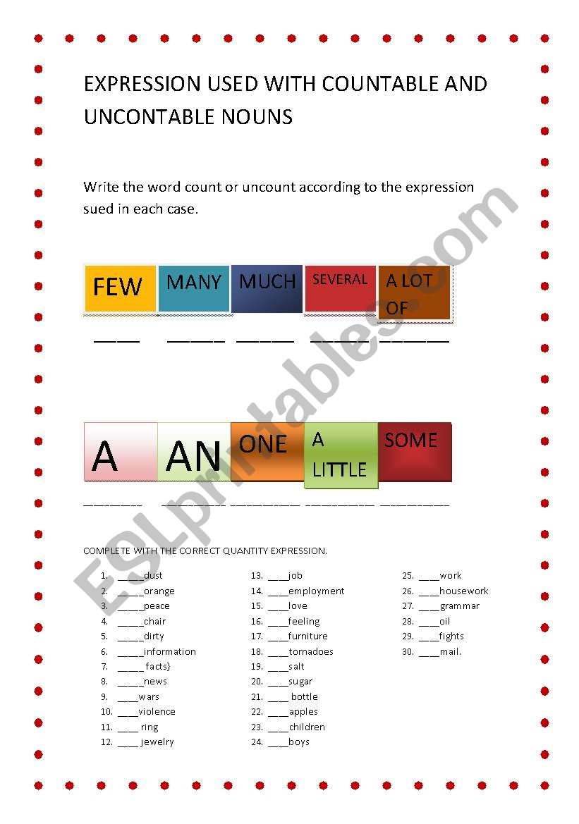 QUANTITIES EXPRESSION USED WITH COUNTABLE AND UNCONTABLE NOUNS