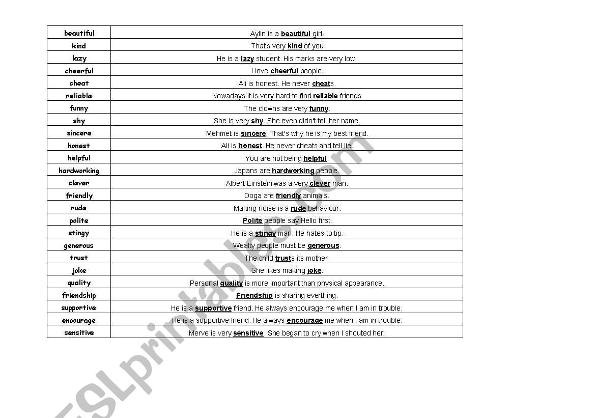 PERSONAL QUALITIES worksheet