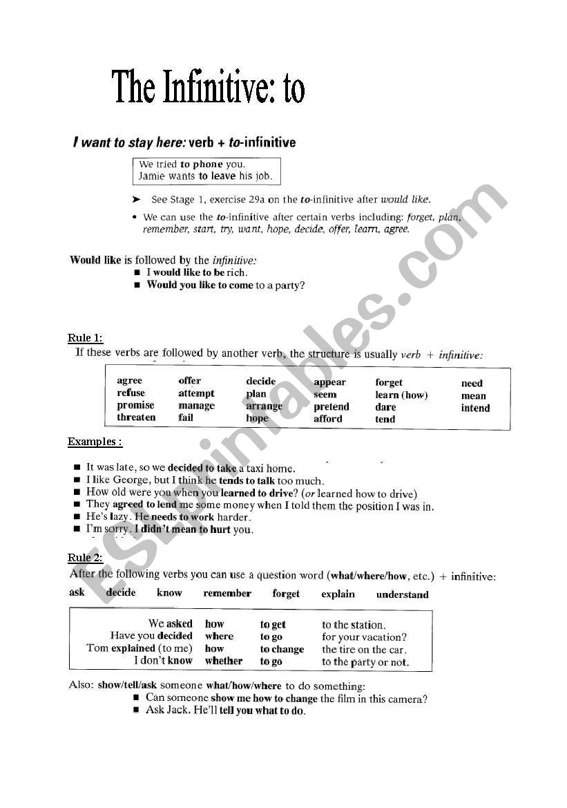 The infinitive:to worksheet
