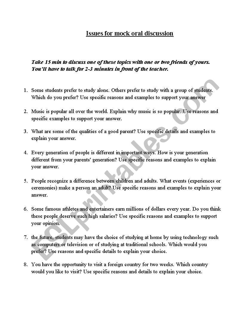 issues for oral discussion worksheet