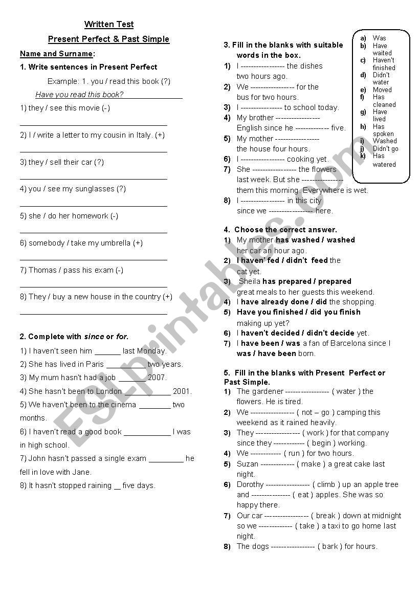 Written Test Present Perfect & Past Simple