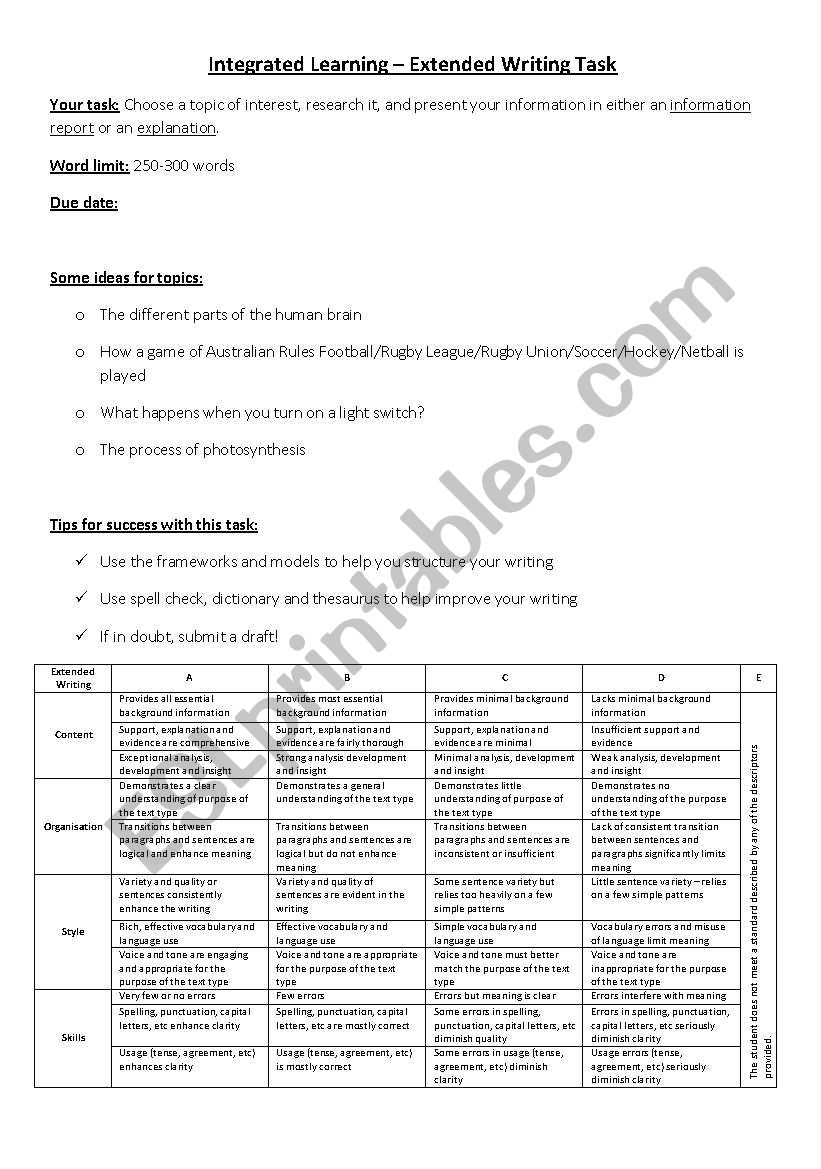 Extended Writing Task worksheet