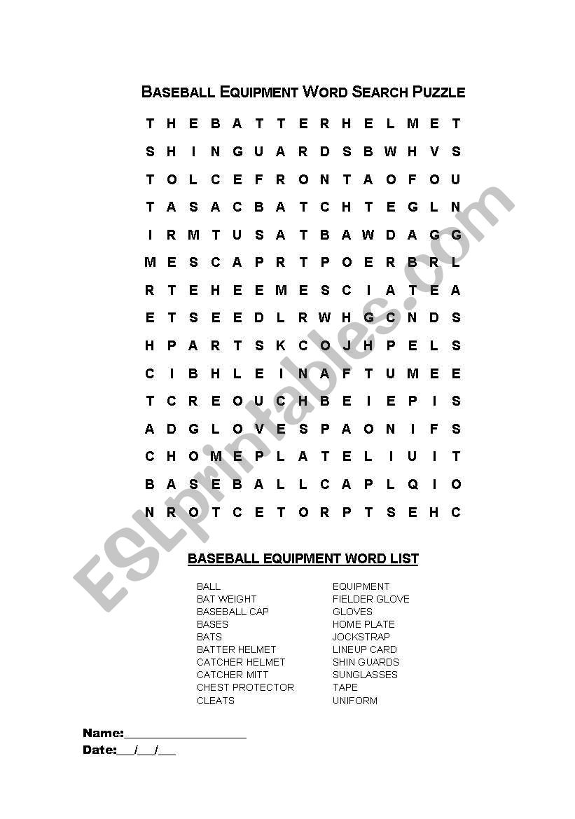 Baseball Equipment Word Search