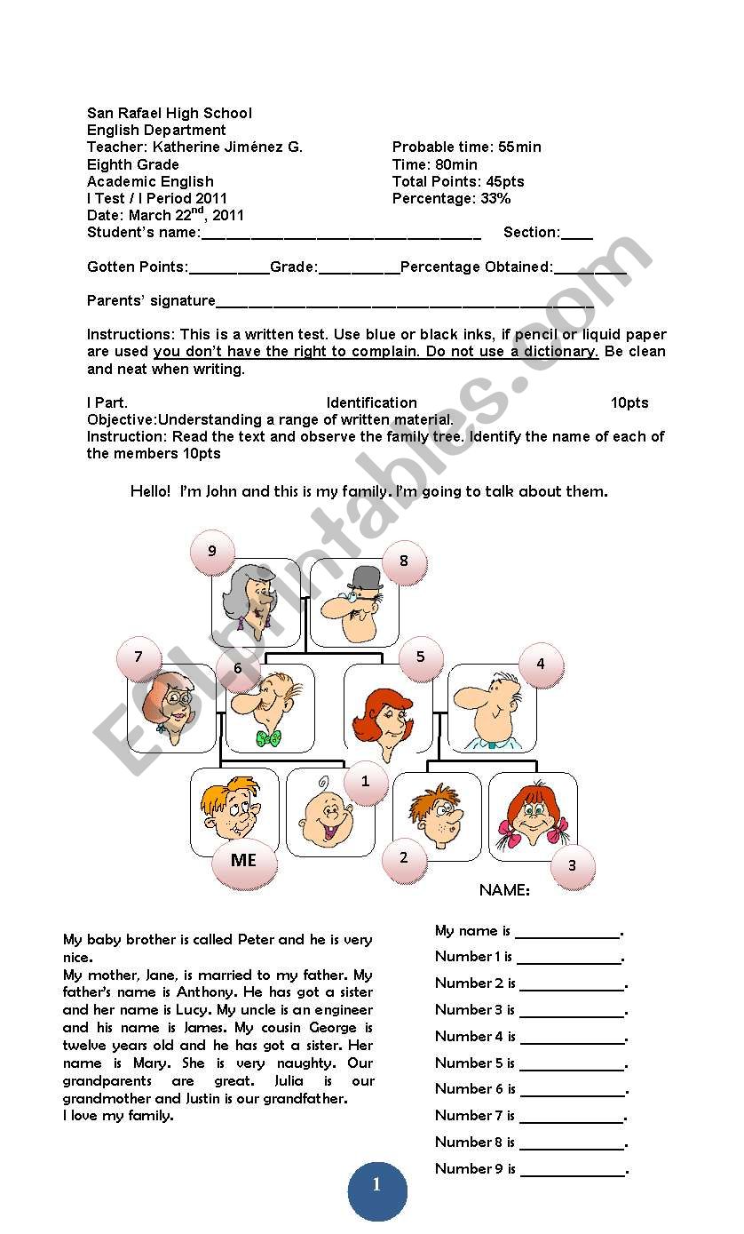 FamilyÂ´s test worksheet