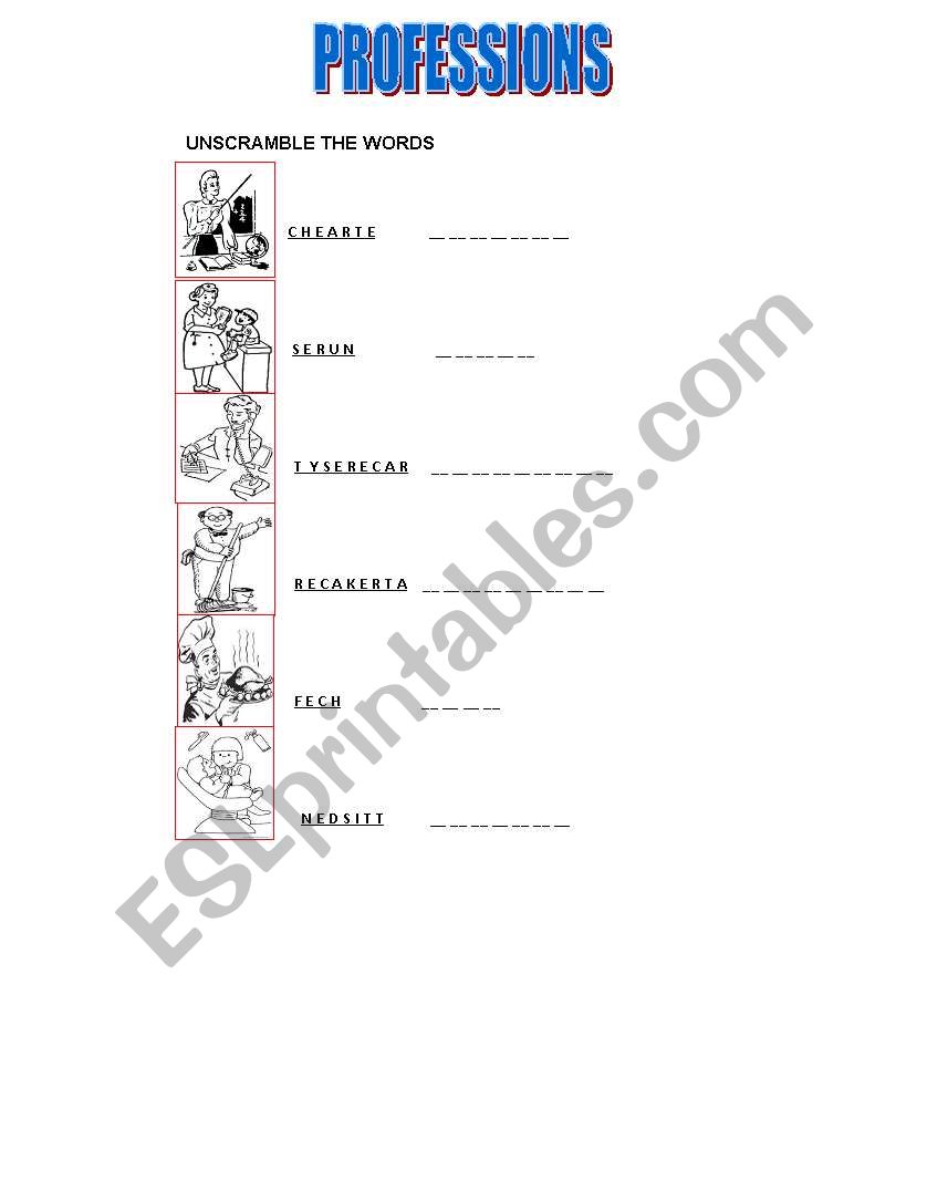 PROFESSIONS UNSCRAMBLE worksheet