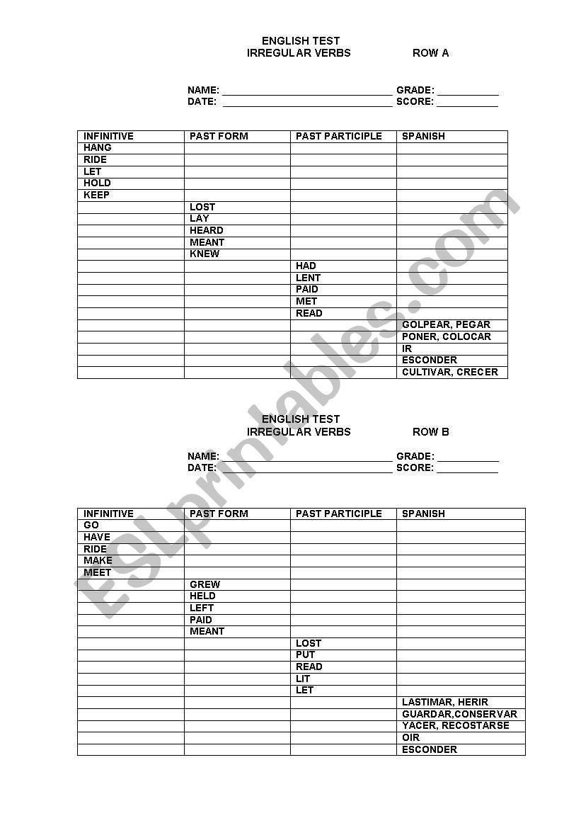 irregular verbs test worksheet