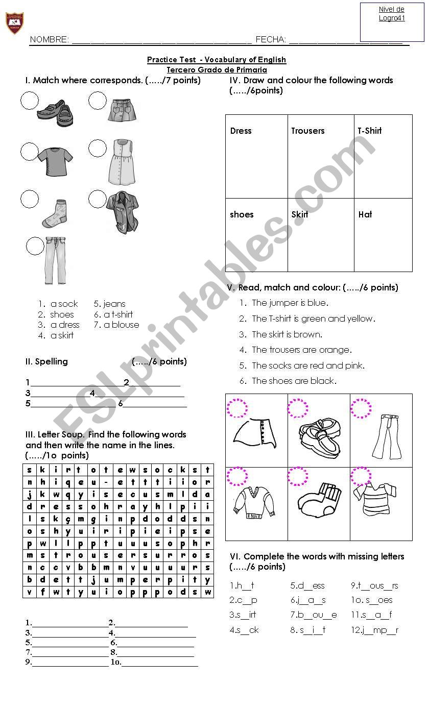 english test clothes worksheet
