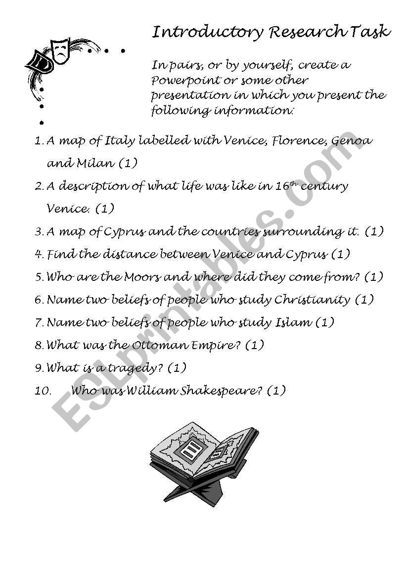 Othello research task worksheet