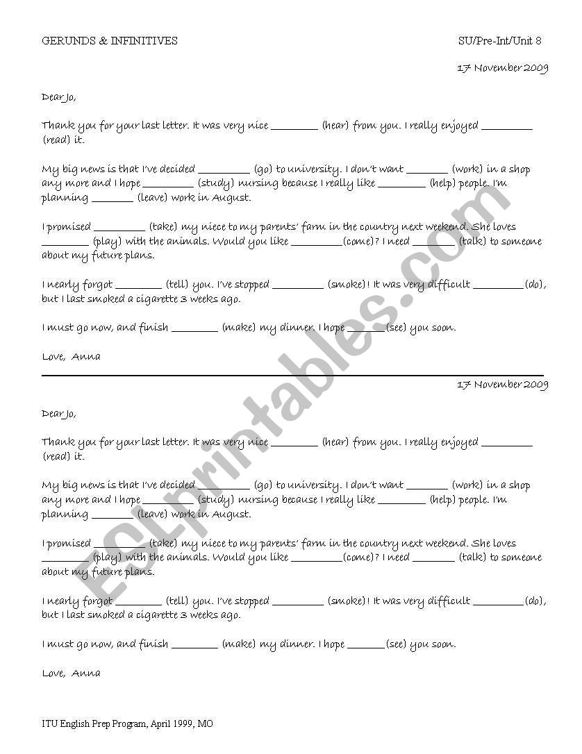 gerunds/infinitives worksheet