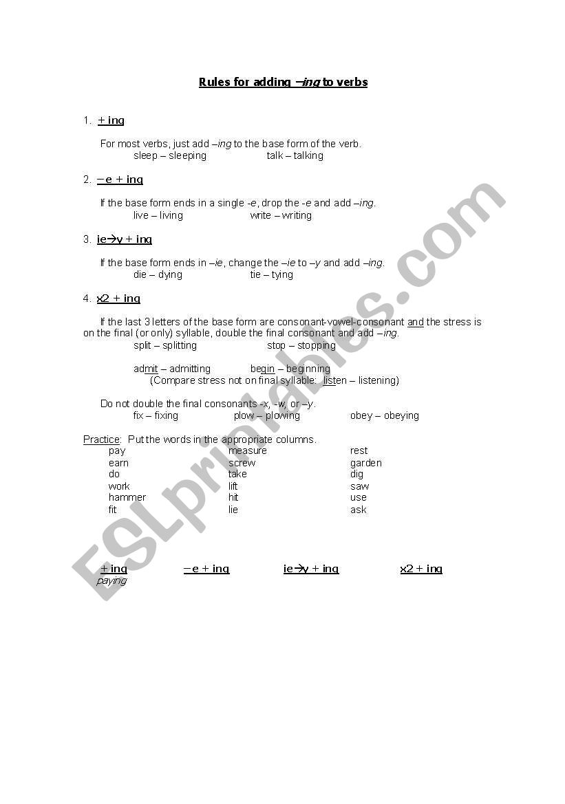 Rules for adding -ing_self-study worksheet