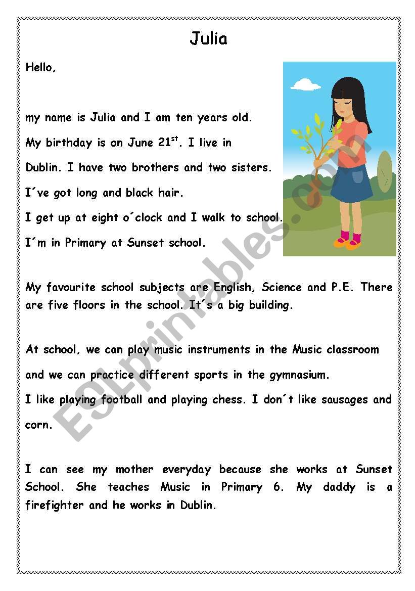 Julia Reading Comprehension worksheet