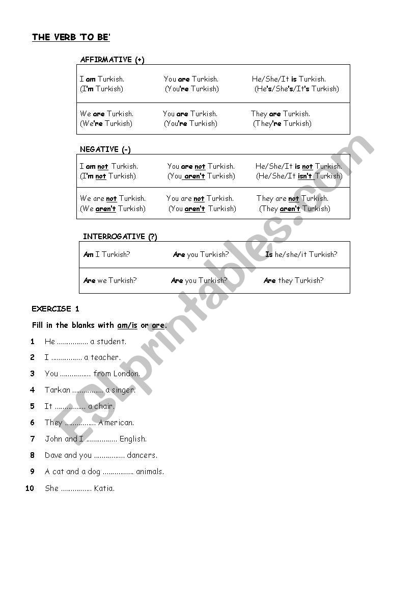 TO BE worksheet