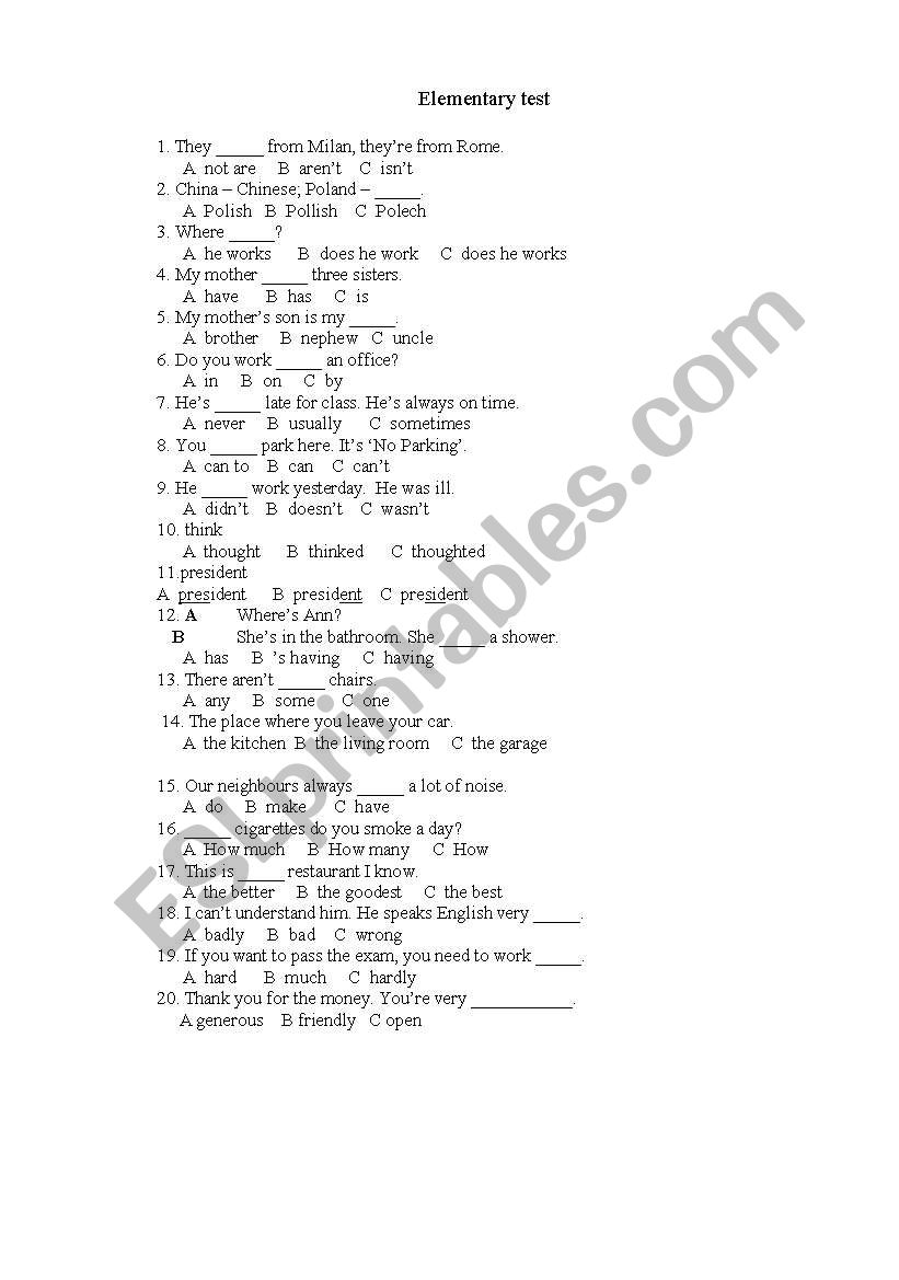test elementary exit test worksheet