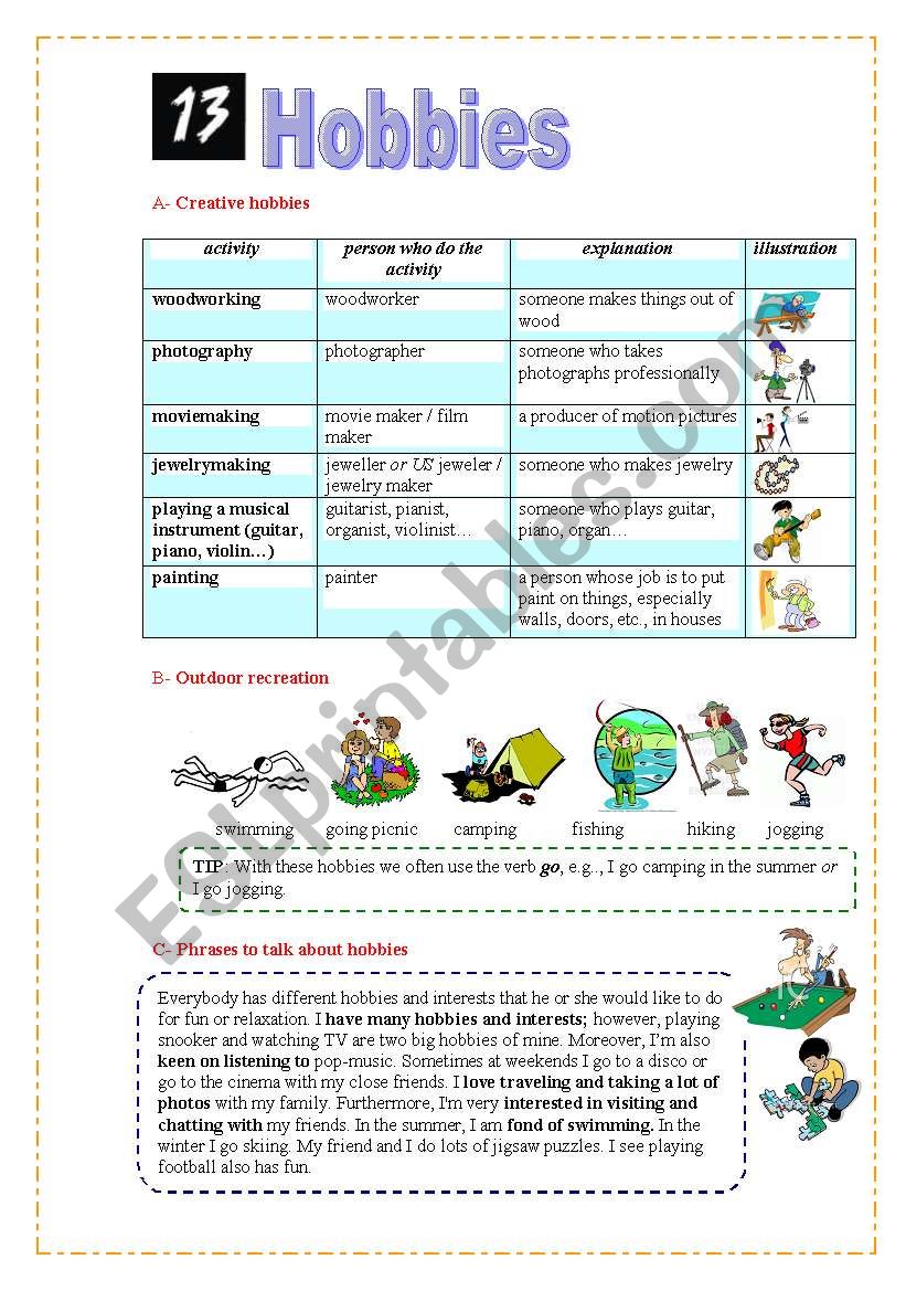 Hobbies worksheet