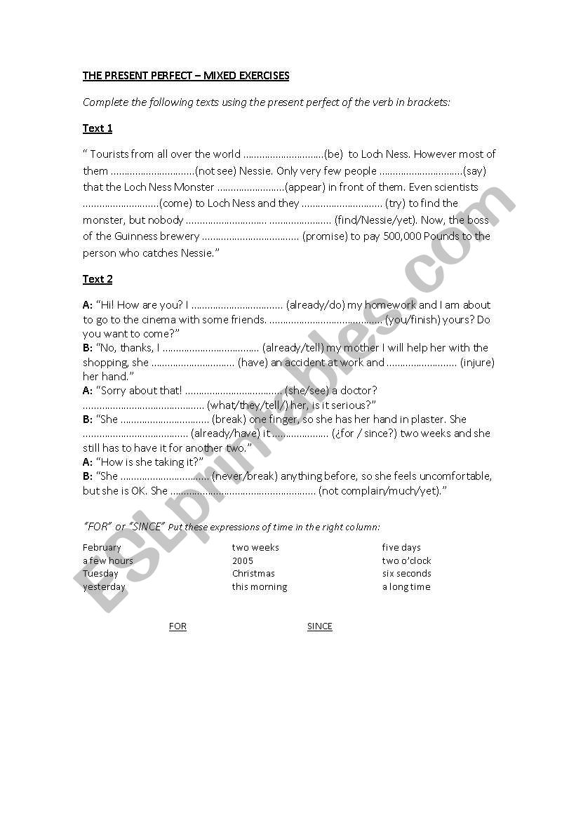Grammar exercises - present perfect - just/already/for/since