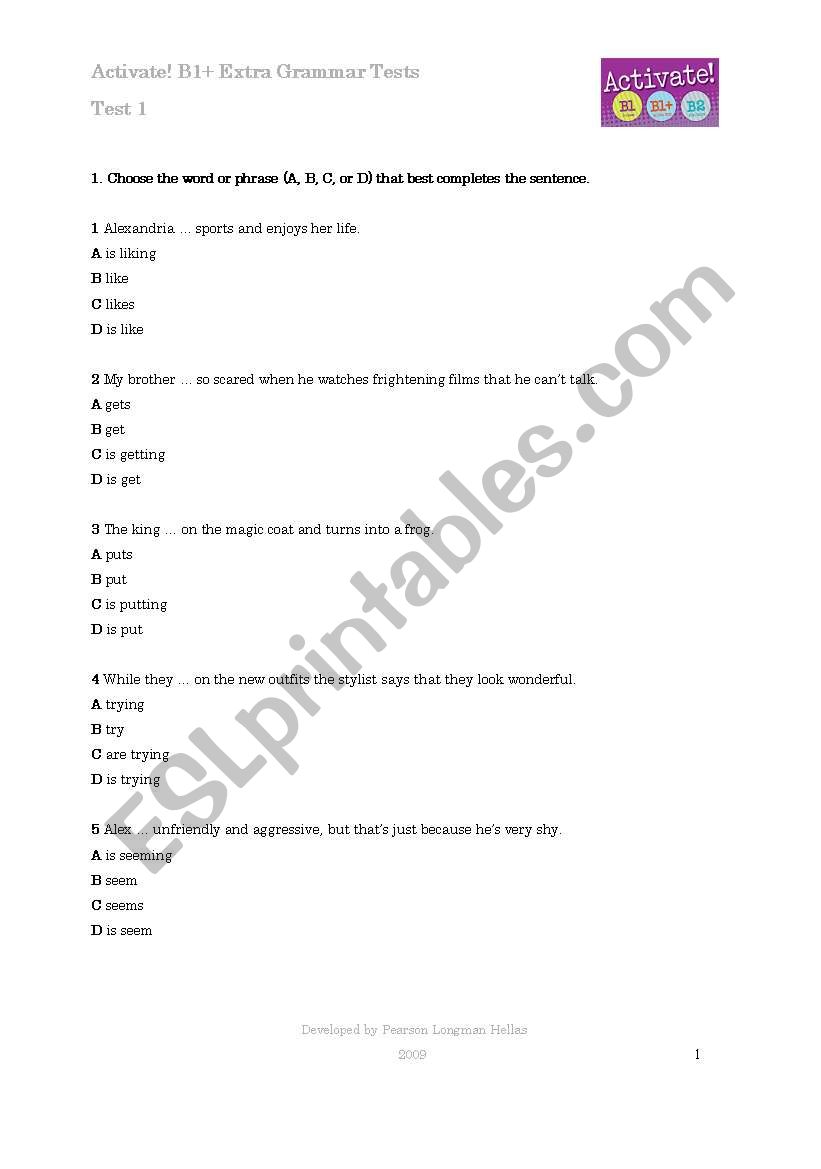 Test ACTIVATE B1 - 001 worksheet