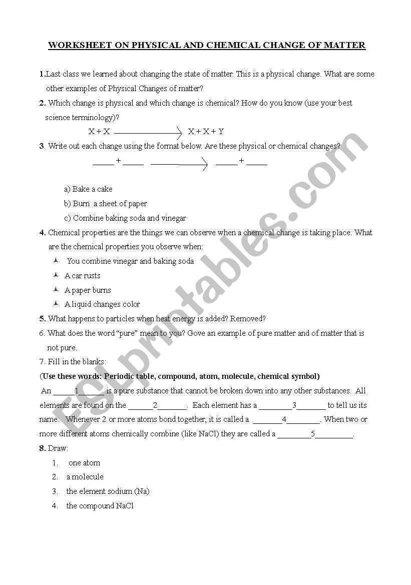 Chemical & Physical Changes worksheet