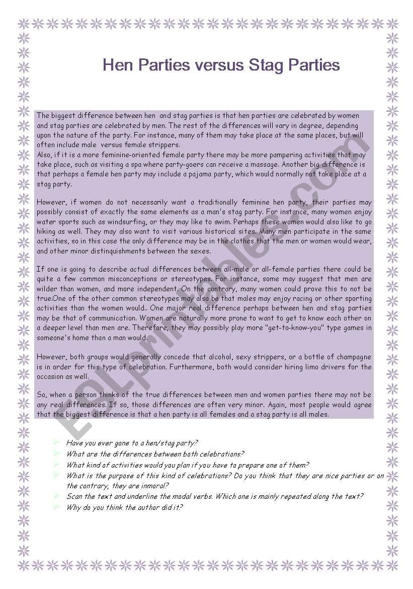 Hen & Stag Parties worksheet