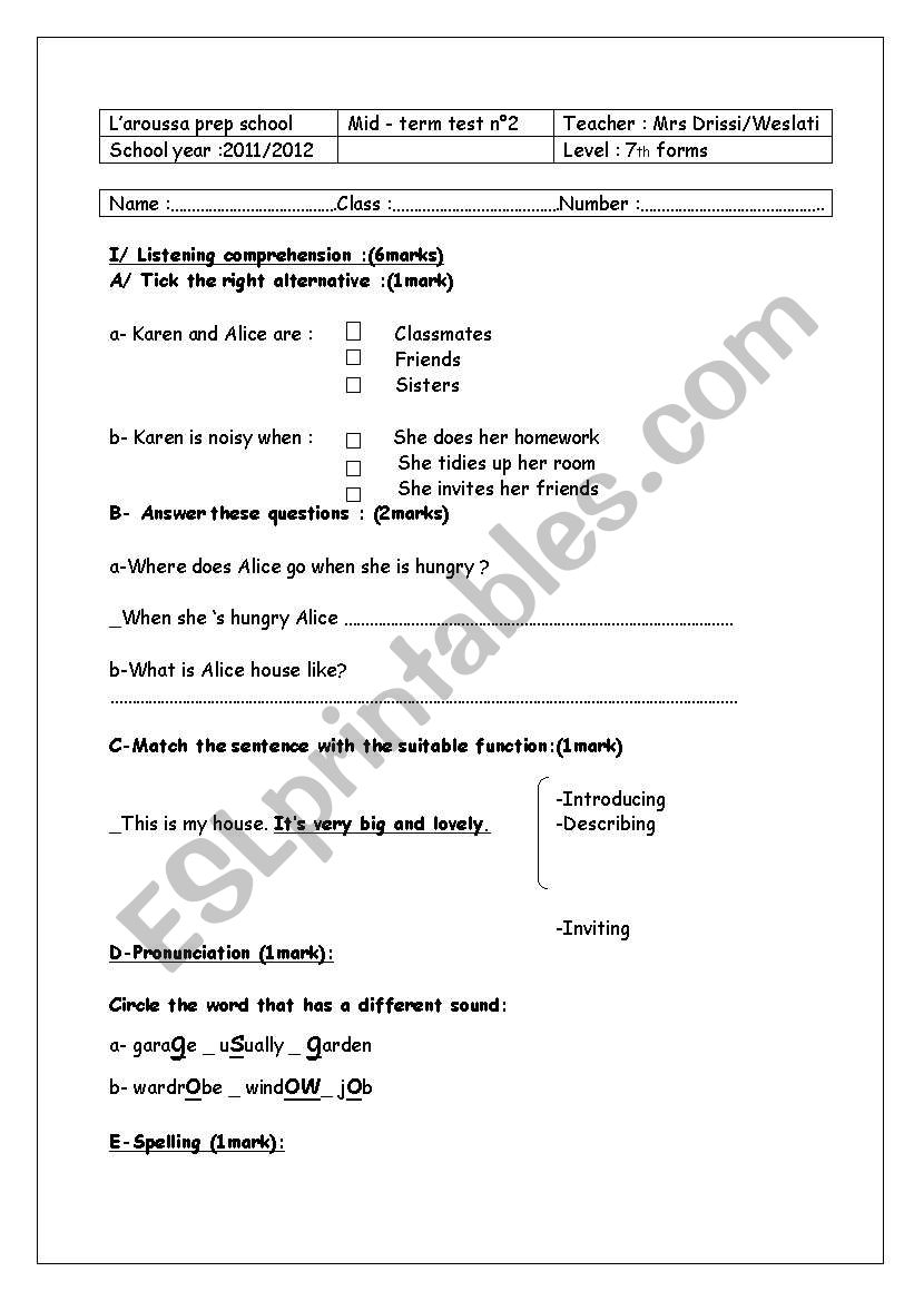 7th form test worksheet